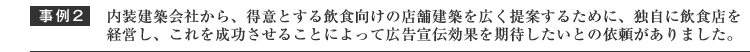 内装建築会社から、得意とする飲食向けの店舗建築を広く提案させるために、独自に飲食店舗を持ち成功する事によって広告宣伝効果を期待したい